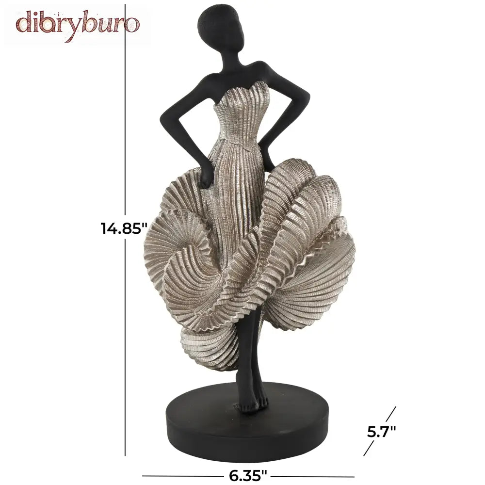 Black Polyresin Dancer Decorative Sculpture with Silver Dress - 6’’W x 6’’L x 14’’H - 6’’W x 6’’L x 14’’H / Black