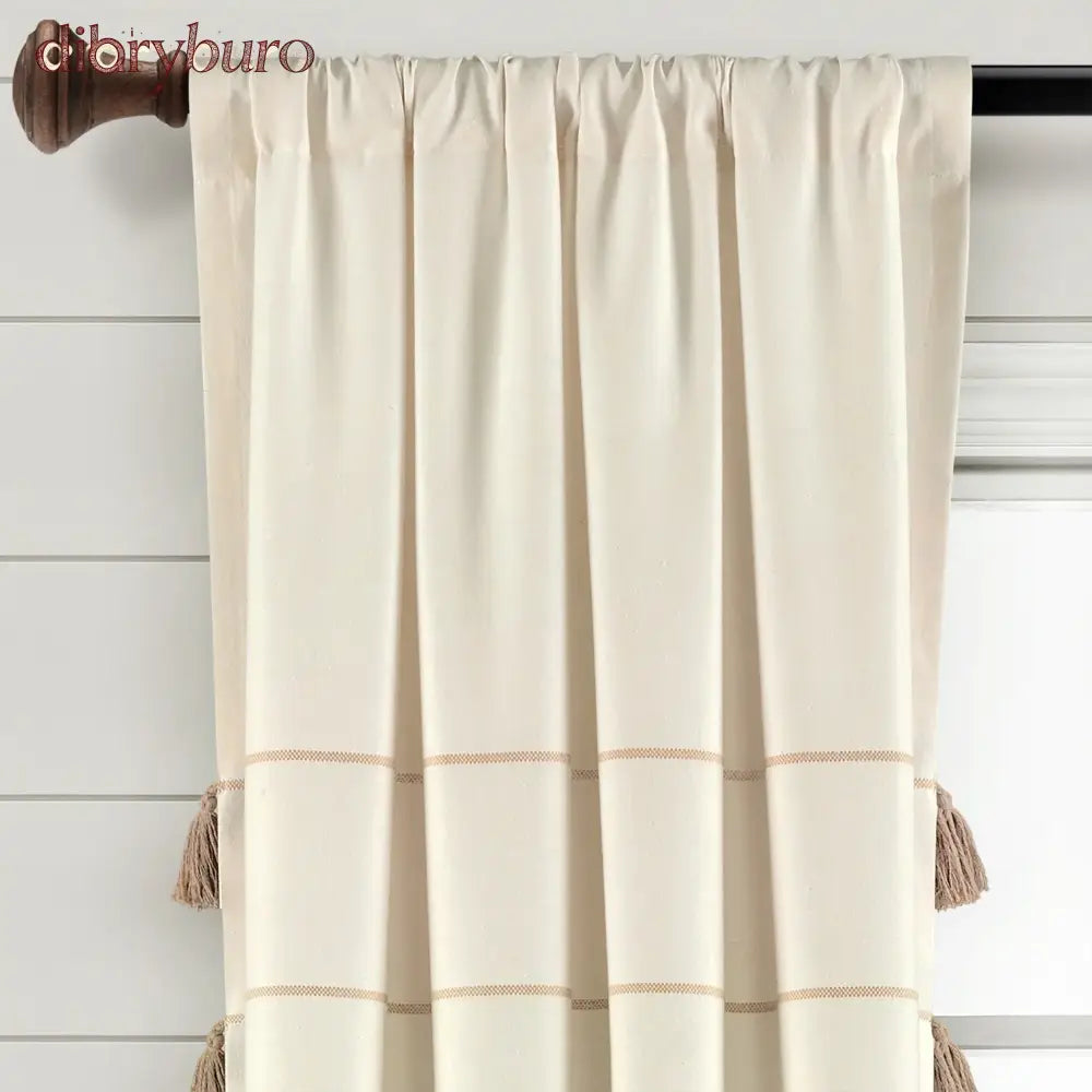 Boho Stripe Woven Tassel Yarn Dyed Cotton Window Curtain Panel Pair
