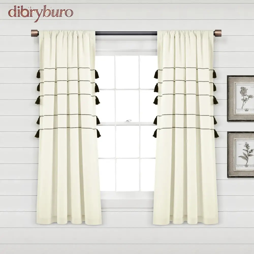 Boho Stripe Woven Tassel Yarn Dyed Cotton Window Curtain Panel Pair - 63 Inches / Ivory & Black