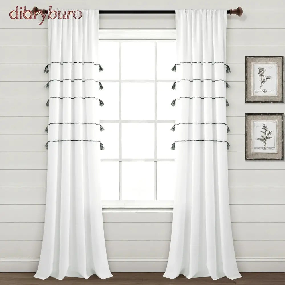 Boho Stripe Woven Tassel Yarn Dyed Cotton Window Curtain Panel Pair - 84 Inches / Gray Ombre