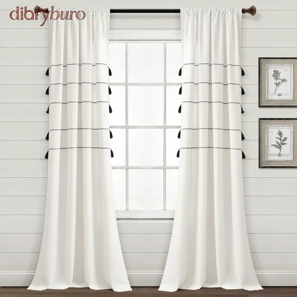 Boho Stripe Woven Tassel Yarn Dyed Cotton Window Curtain Panel Pair - 84 Inches / Ivory & Black