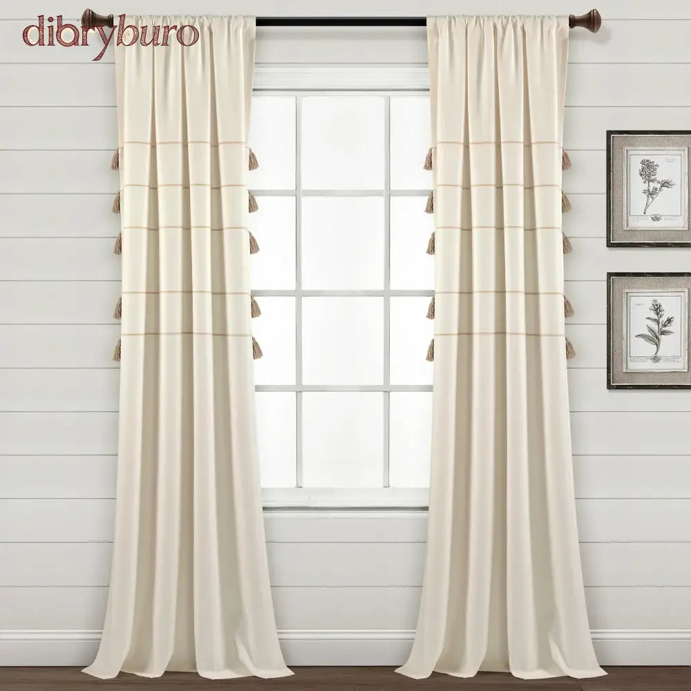Boho Stripe Woven Tassel Yarn Dyed Cotton Window Curtain Panel Pair - 84 Inches / Ivory & Wheat