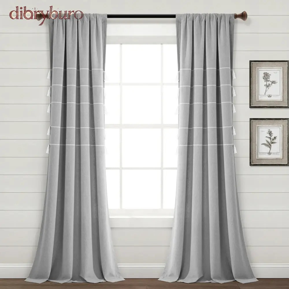 Boho Stripe Woven Tassel Yarn Dyed Cotton Window Curtain Panel Pair - 84 Inches / Light Grey