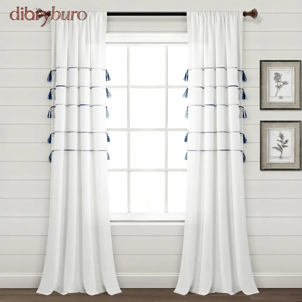 Boho Stripe Woven Tassel Yarn Dyed Cotton Window Curtain Panel Pair - 84 Inches / Navy Ombre