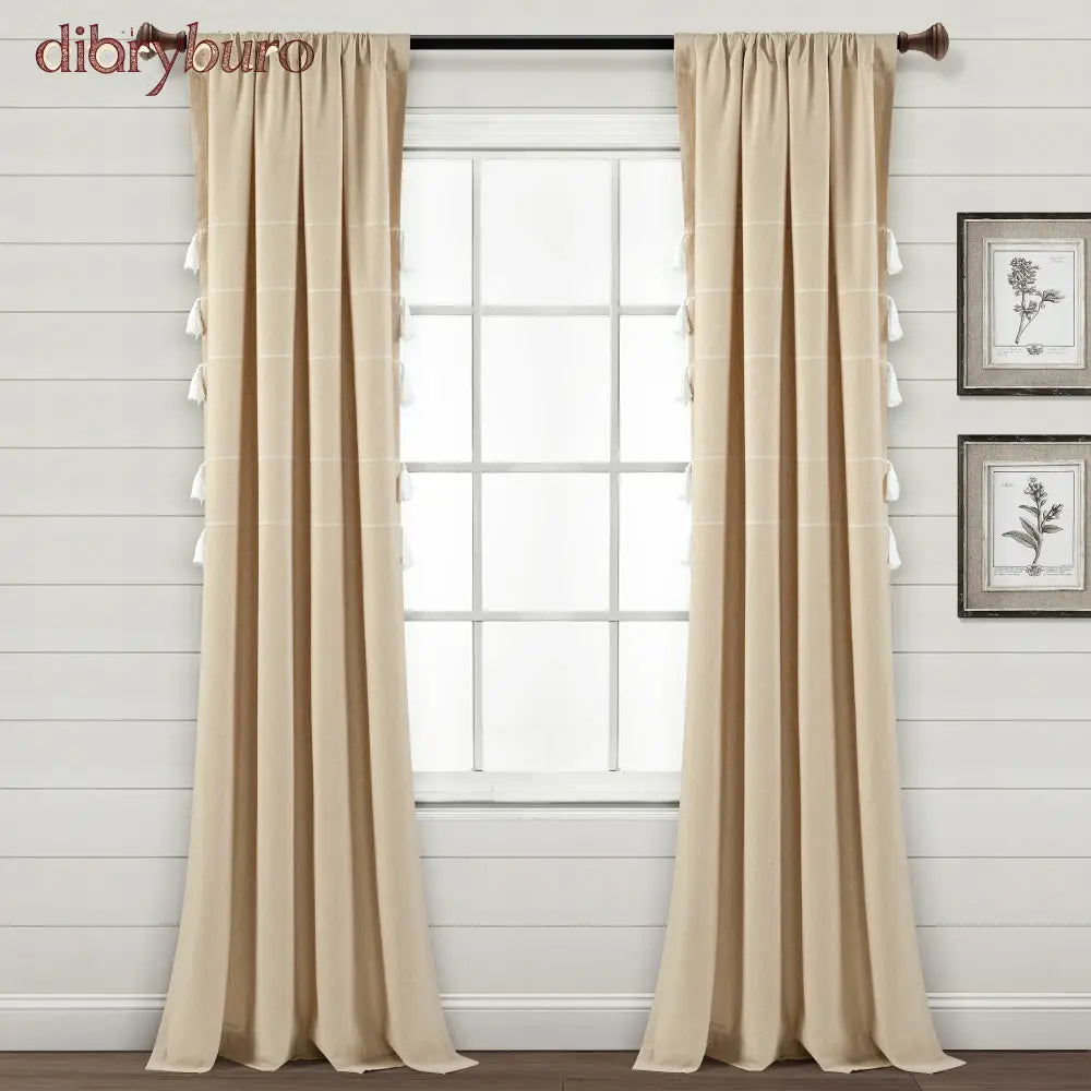 Boho Stripe Woven Tassel Yarn Dyed Cotton Window Curtain Panel Pair - 84 Inches / Wheat & White