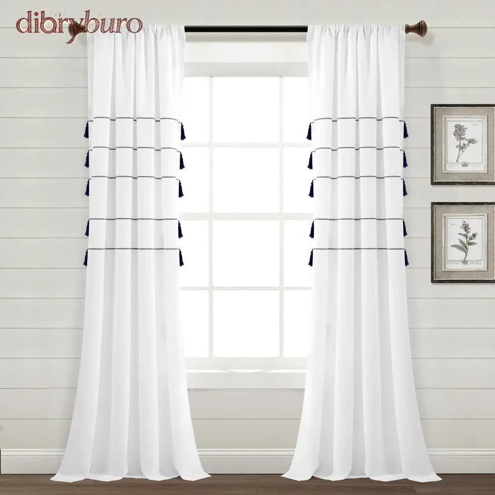 Boho Stripe Woven Tassel Yarn Dyed Cotton Window Curtain Panel Pair - 84 Inches / White & Navy