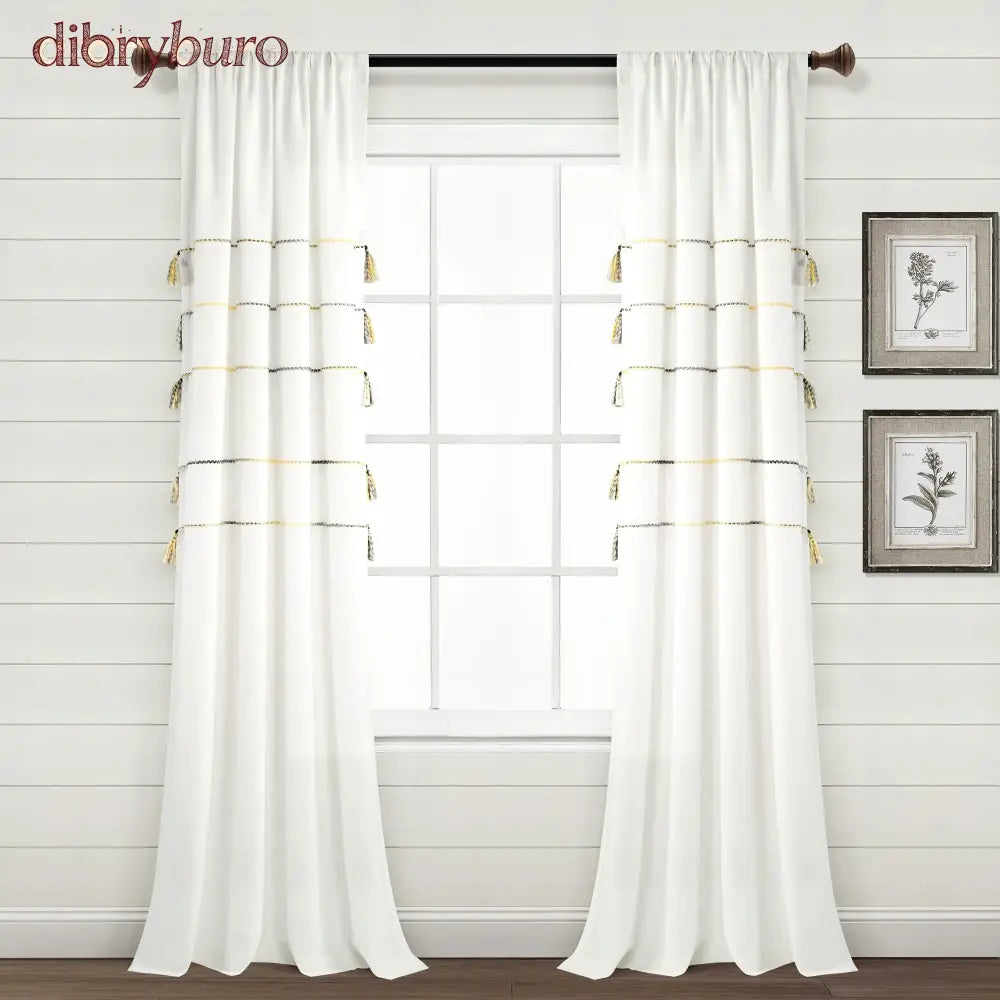 Boho Stripe Woven Tassel Yarn Dyed Cotton Window Curtain Panel Pair - 84 Inches / Yellow/Gray