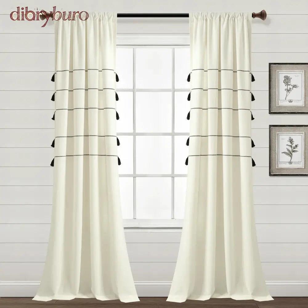 Boho Stripe Woven Tassel Yarn Dyed Cotton Window Curtain Panel Pair - 95 Inches / Ivory & Black