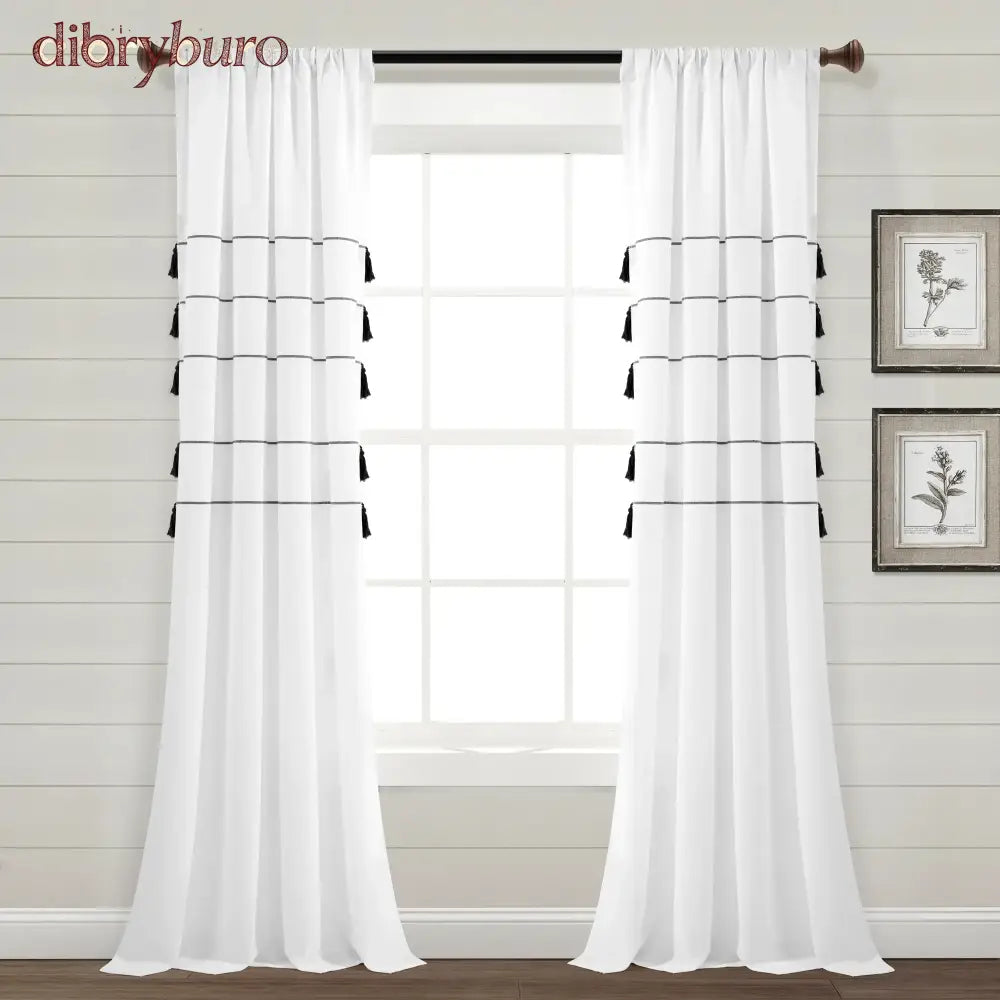 Boho Stripe Woven Tassel Yarn Dyed Cotton Window Curtain Panel Pair - 95 Inches / White & Black