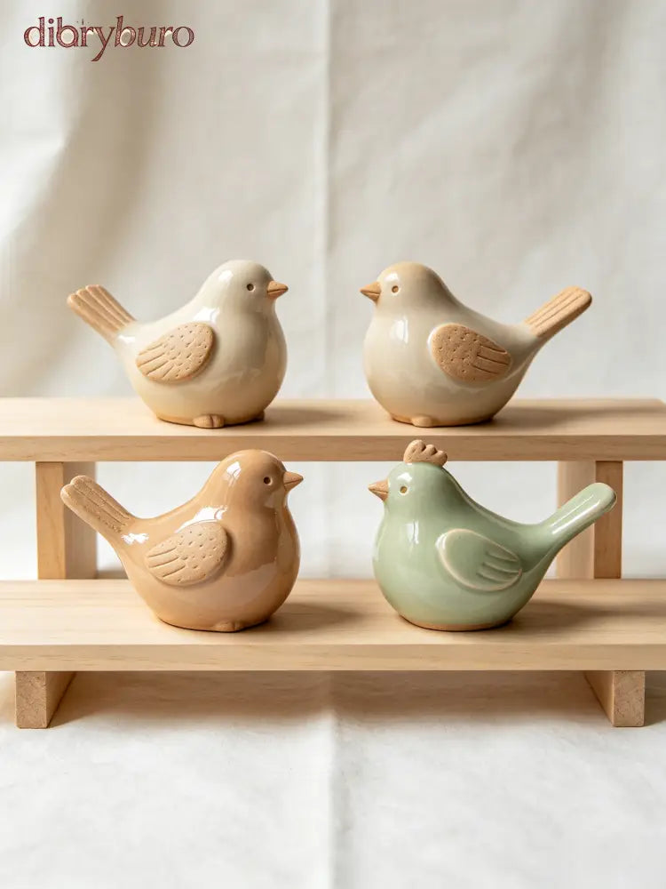 Ceramic Bird Figurines with Unglazed Accents (Set of 4) - Green, Brown