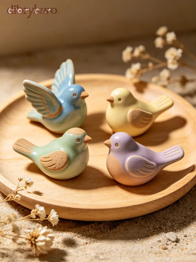 Ceramic Bird Figurines with Unglazed Accents (Set of 4) - Green, Brown