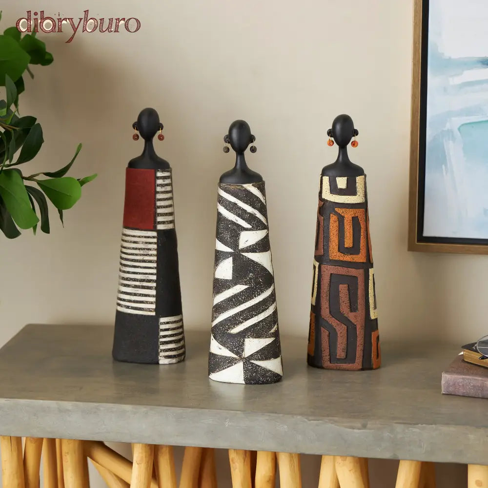 Resin Woman African Sculpture with Red Orange and White Dresswear - Set of 3 Black - Roche River Decor - Black