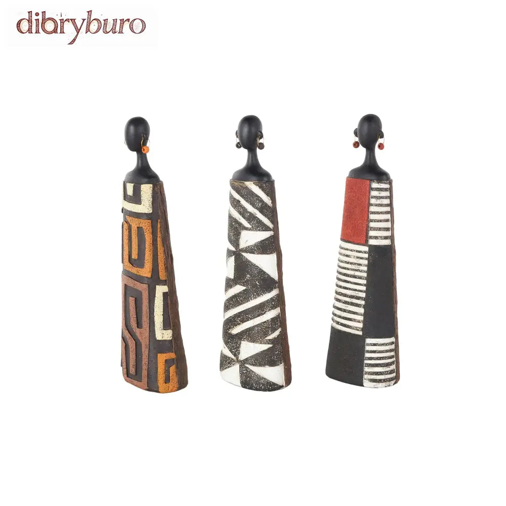 Resin Woman African Sculpture with Red Orange and White Dresswear - Set of 3 Black - Roche River Decor - Black