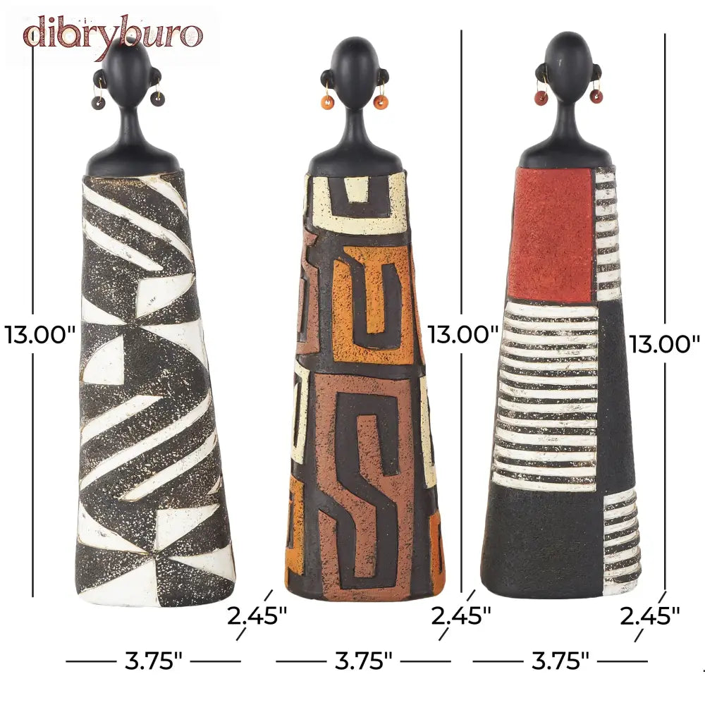 Resin Woman African Sculpture with Red Orange and White Dresswear - Set of 3 Black - Roche River Decor - Black