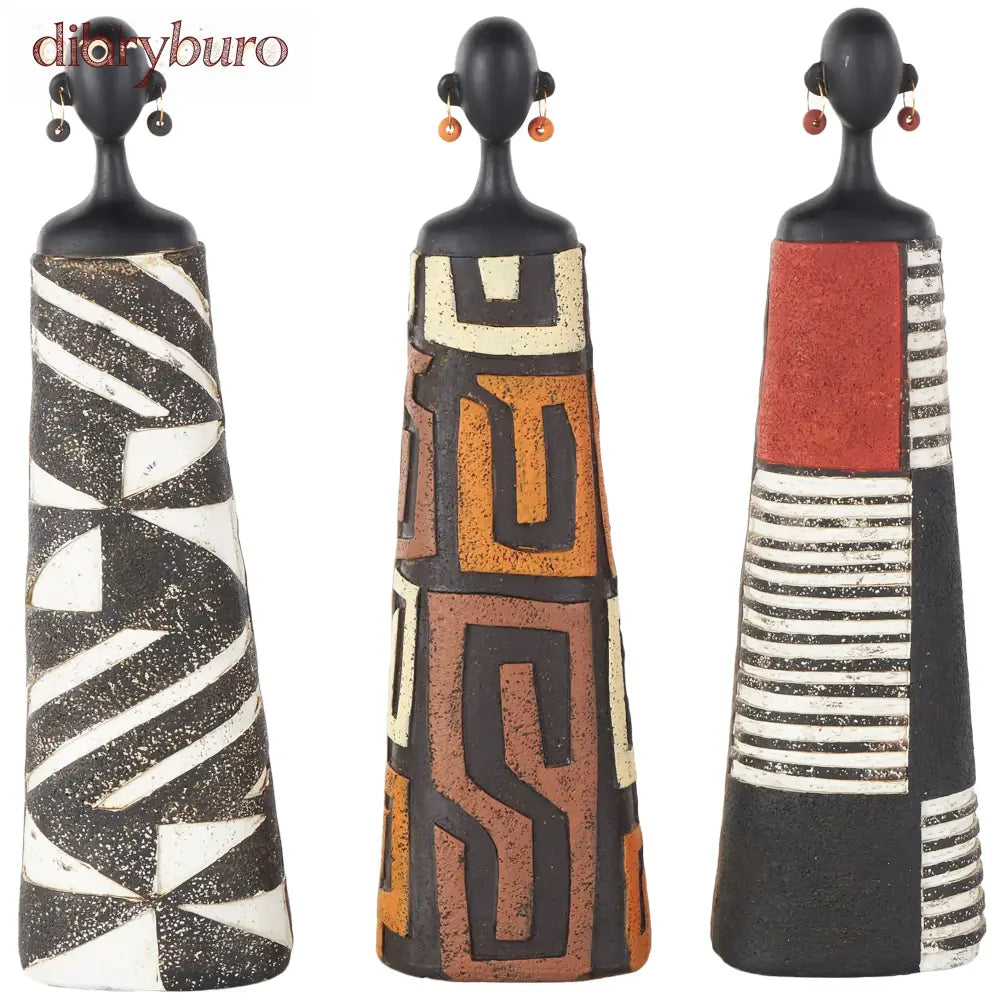 Resin Woman African Sculpture with Red Orange and White Dresswear - Set of 3 Black - Roche River Decor - Black